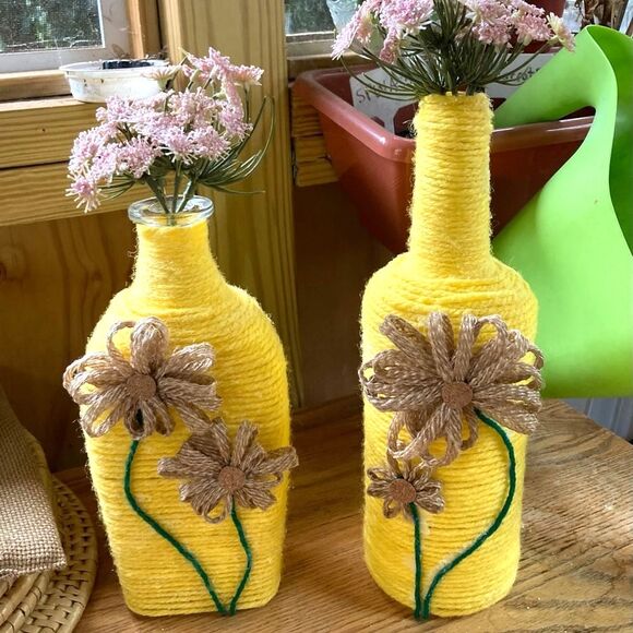 Bud Vases Recycled Glass Flower Yarn Wrapped Yellow Brown Green Set of 2 - Picture 3 of 14
